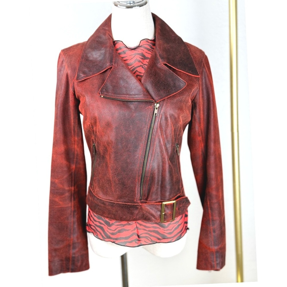 ARCHIVAL SUIT JEWELS by Julie Knapp Burnished Red Black Leather Moto Set Sz Sm